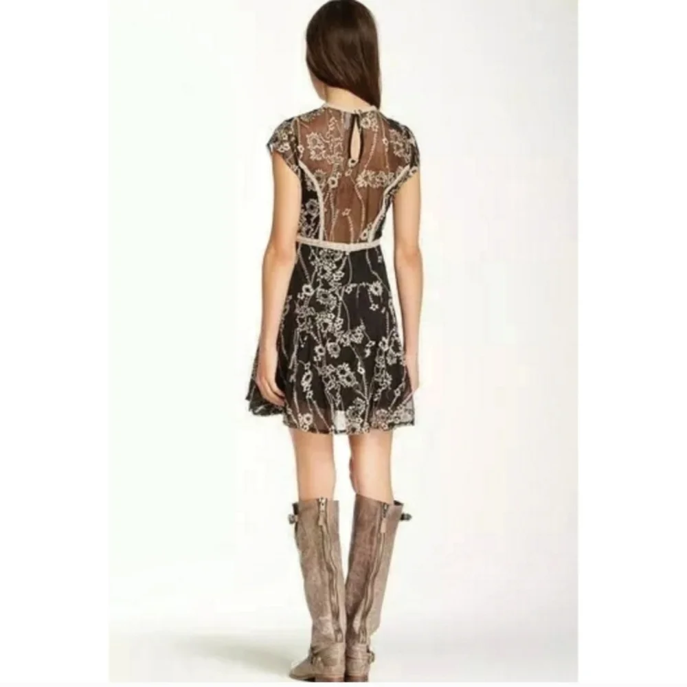 Free People Bohemian Lace Embroidered Coquette Girl Black Cream Feminine Dress - Picture 3 of 7